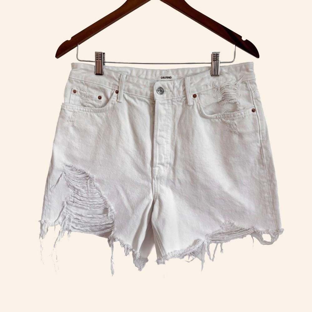 GRLFRND Jourdan Distressed White Denim Shorts